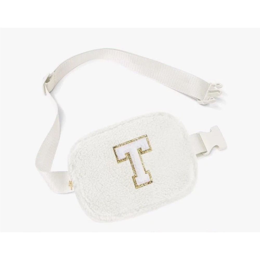 White Fleece Crossbody Fanny Belt Bag with Gold Letter T NWT